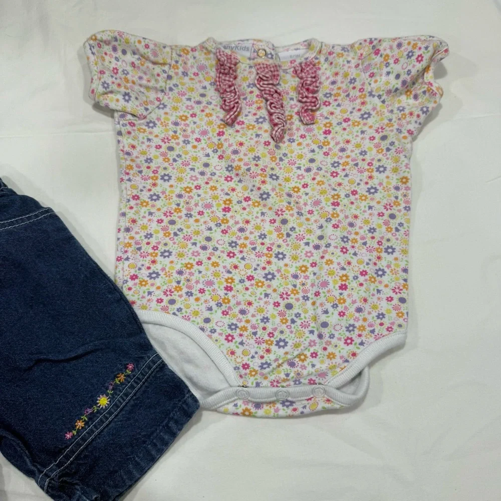 Y2K Happy Kids Floral Top and Denim Pants Set for Kids Size 6-9 Months